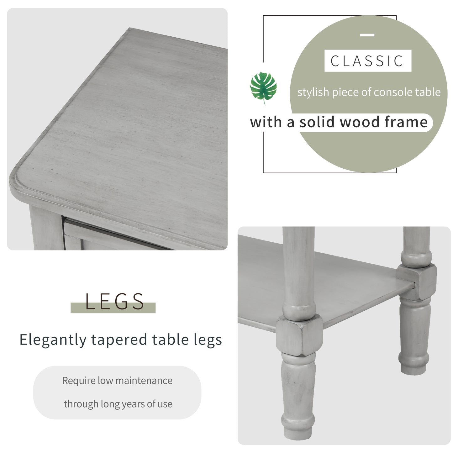 Narrow Console Desk, Thin Sofa Table with Three Storage Drawers and Living Room Bottom Shelves (Grey Washed)