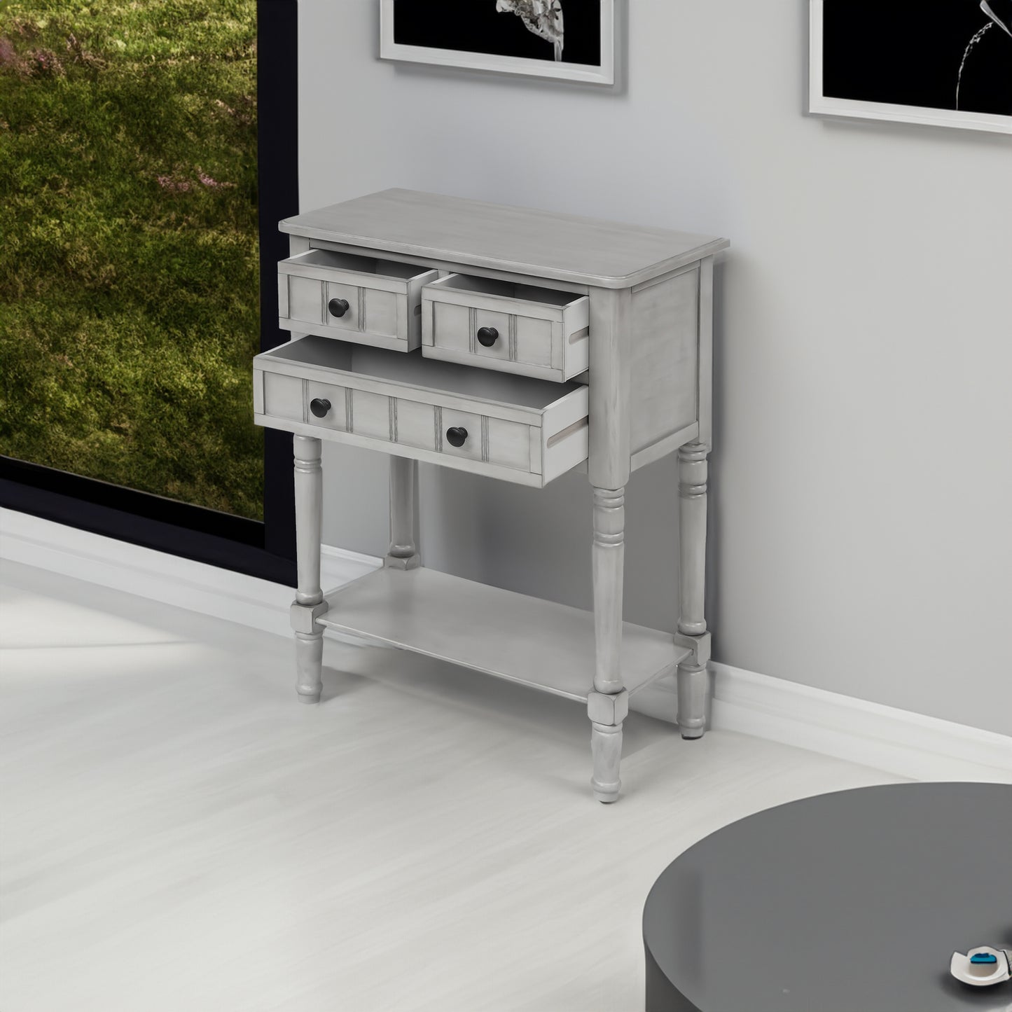 Narrow Console Desk, Thin Sofa Table with Three Storage Drawers and Living Room Bottom Shelves (Grey Washed)