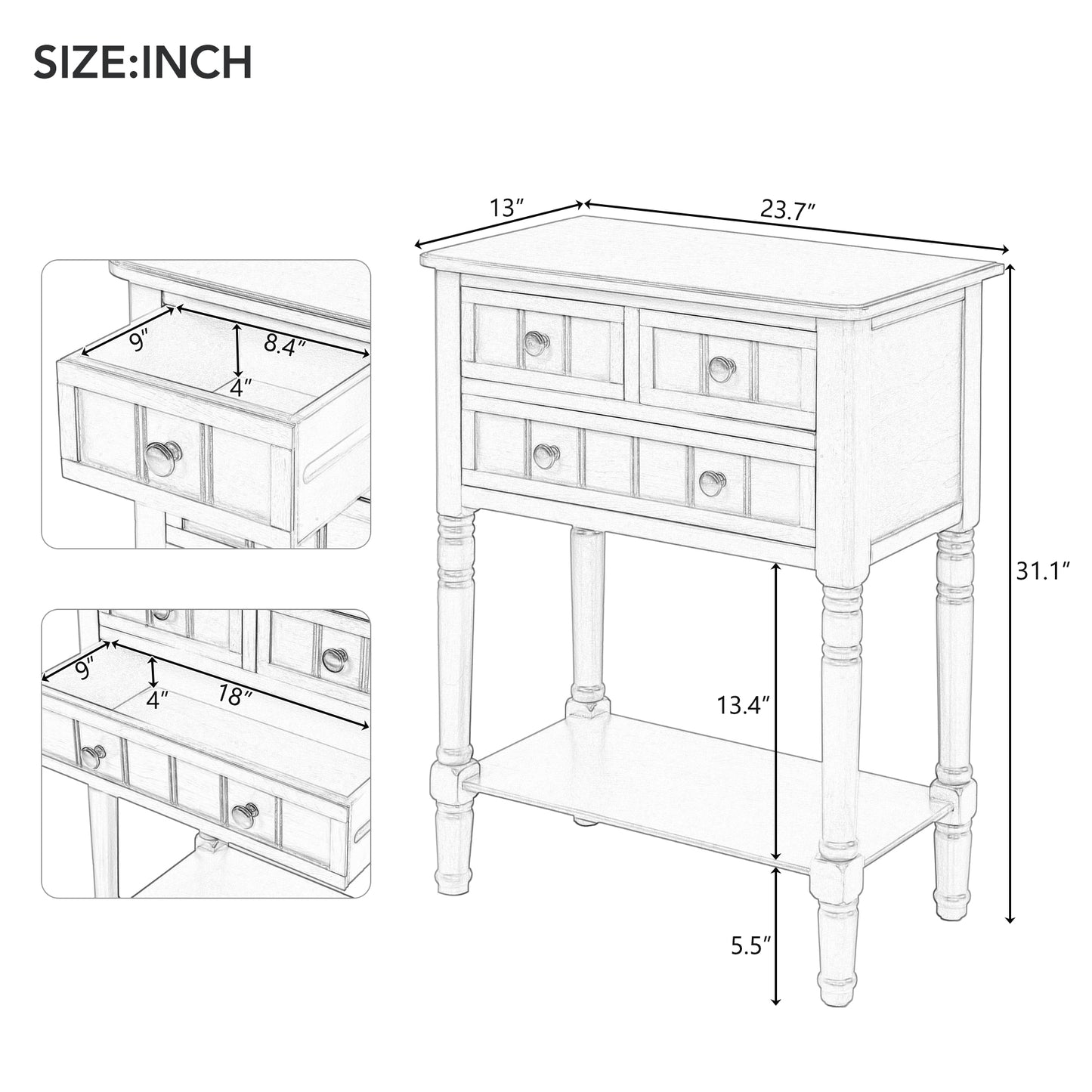 Narrow Console Desk, Thin Sofa Table with Three Storage Drawers and Living Room Bottom Shelves (Grey Washed)