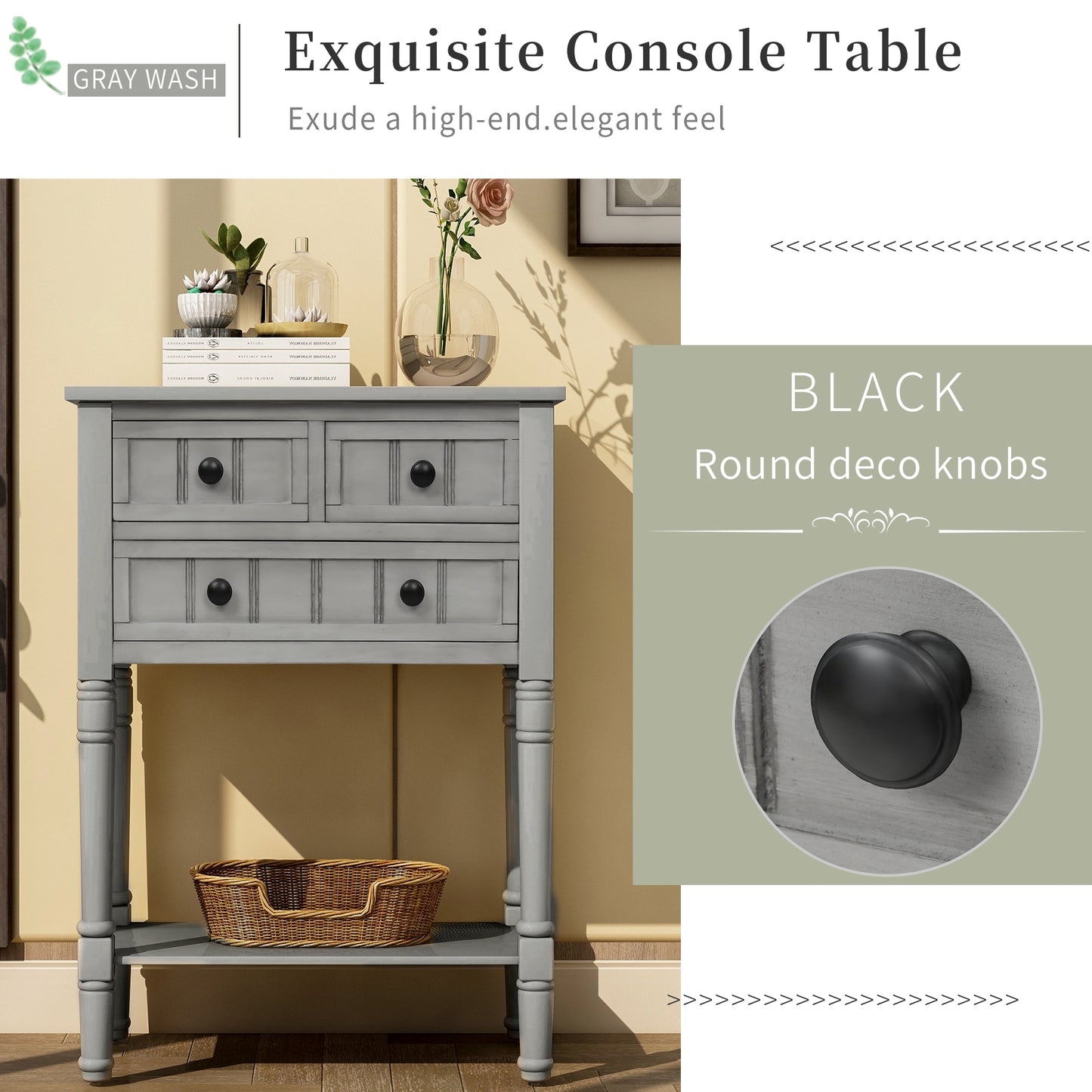 Narrow Console Desk, Thin Sofa Table with Three Storage Drawers and Living Room Bottom Shelves (Grey Washed)